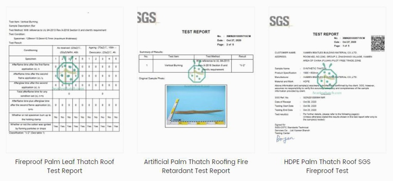 Rapport de test ignifuge SGS pour les tuiles de chaume synthétiques en Chine