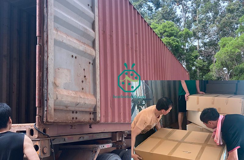 Container loading of artificial thatch roof tiles in China