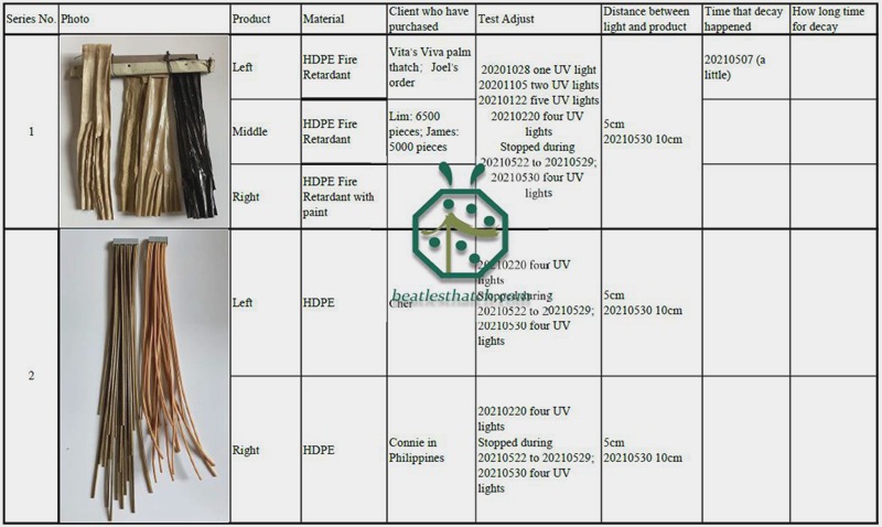 UV-proof test record by the plastic palm thatch roof manufacturer UV-proof test record by the plastic palm thatch roof manufacturer