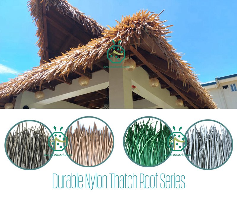 Nylon thatched roof covering for tiki hut building