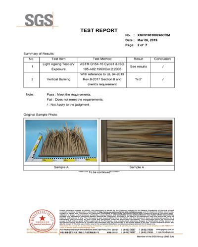 toiture en chaume synthétique uv et certificat de test de combustion sgs
